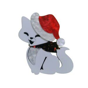 Acrylic Christmas Cat Brooch with Santa Hat